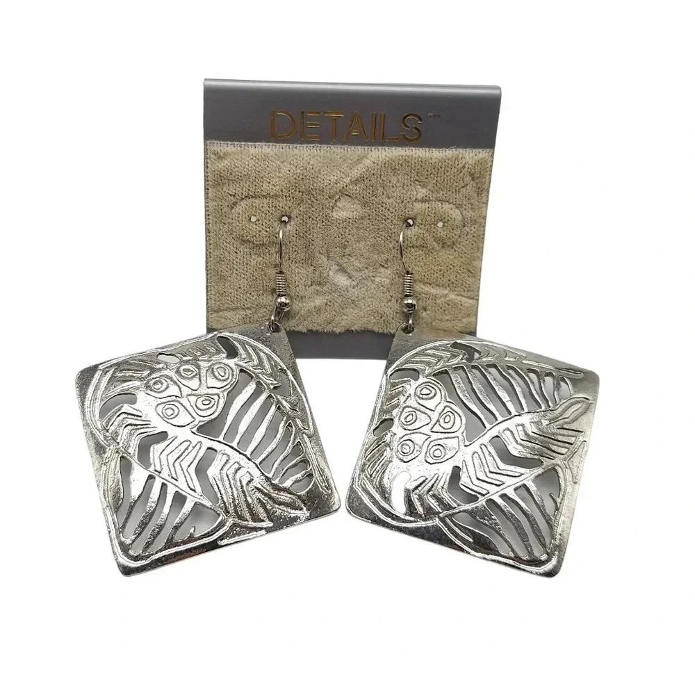DETAILS Abstract Floral Square Dangle Drop Earrings Silver Tone Vintage NOS